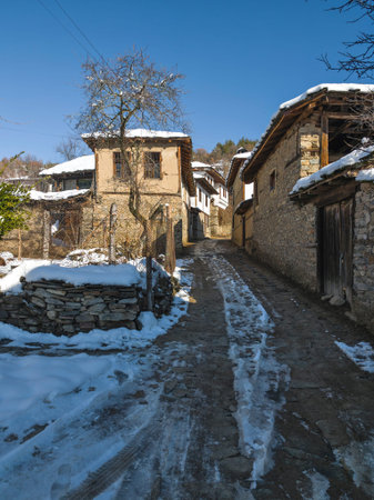 Winter view of Village of Leshten with Authentic nineteenth century houses, Blagoevgrad Region, Bulgariaの写真素材