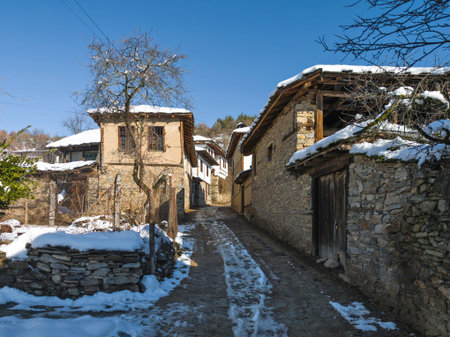 Winter view of Village of Leshten with Authentic nineteenth century houses, Blagoevgrad Region, Bulgariaの写真素材