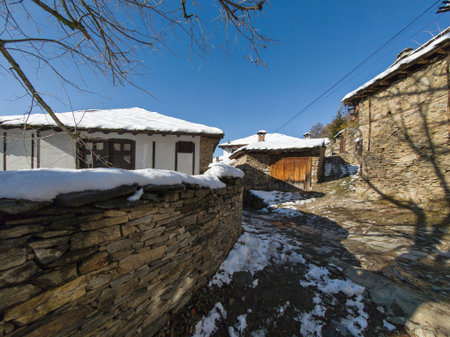 Winter view of Village of Leshten with Authentic nineteenth century houses, Blagoevgrad Region, Bulgariaの写真素材