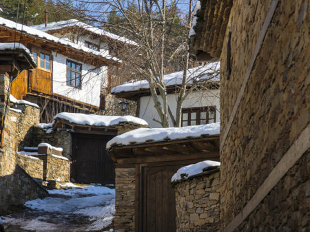 Winter view of Village of Leshten with Authentic nineteenth century houses, Blagoevgrad Region, Bulgariaの写真素材