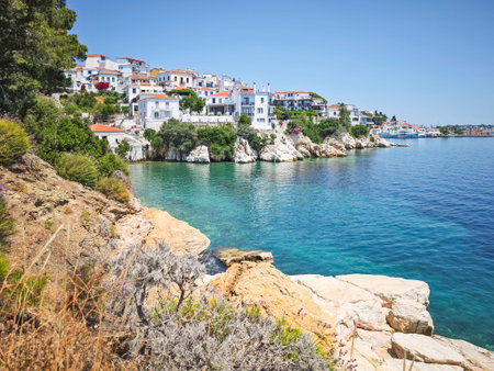 Amazing panorama of town of Skiathos, Sporades, Thessaly, Greeceの写真素材