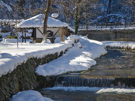ETAR, GABROVO, BULGARIA - JANUARY 2, 2025: Winter view of Ethnographic village Etar (Etara) near town of Gabrovo, Bulgariaのeditorial素材
