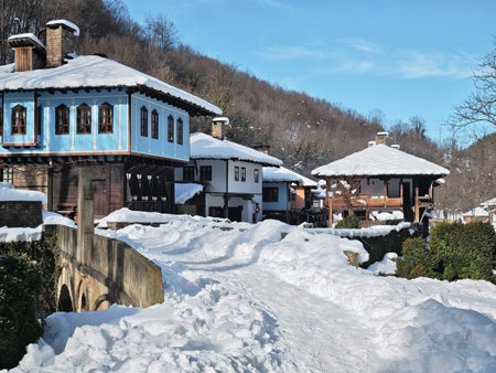 ETAR, GABROVO, BULGARIA - JANUARY 2, 2025: Winter view of Ethnographic village Etar (Etara) near town of Gabrovo, Bulgariaのeditorial素材