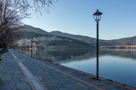 Amazing Sunset Panorama of Town of Kastoria, Western Macedonia, Greeceの写真素材