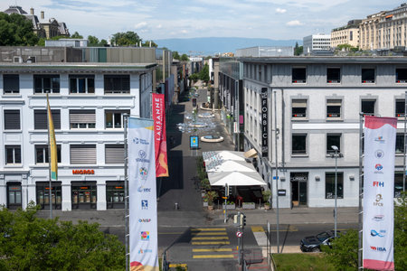 LAUSANNE, SWITZERLAND - JUNE 18, 2023: Typical Building and street at city of Lausanne, Canton of...