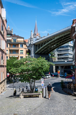 LAUSANNE, SWITZERLAND - JUNE 18, 2023: Typical Building and street at city of Lausanne, Canton of Vaud, Switzerlandのeditorial素材