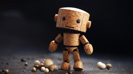 Wooden robot on a black background. Concept of artificial intelligence.の素材