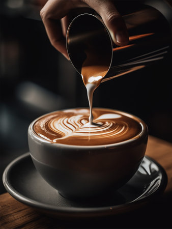 Barista making latte art coffee in coffee shop with beautiful designの素材