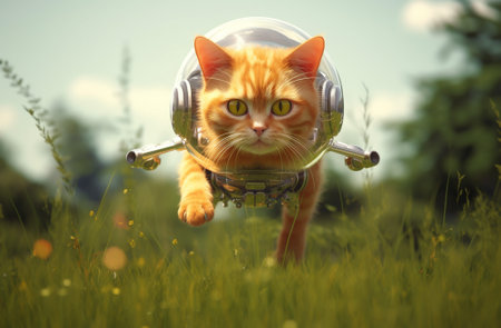 Red cat in astronaut helmet on green meadow. Space travel concept. AI-generatedの素材
