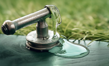 Close-up of an old faucet on green grass. AI-generated.の素材