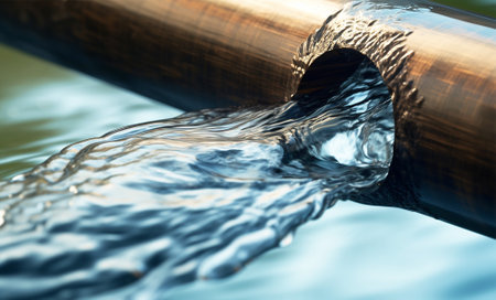 Water flowing from a pipe in the river, close-up. AI-generatedの素材