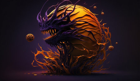 Iillustration of orange monster with the orange skull. AI-Generatedの素材