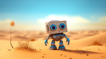 Cute little robot in the desert with a blue sky. Ai generatedの素材