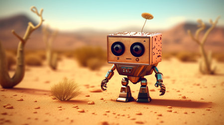 Cute robot in the desert. retro style.  Ai generatedの素材