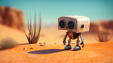 Cute robot in the desert with a blue sky background. Ai generatedの素材