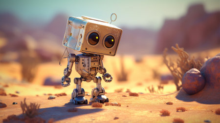 Cute retro robot in the desert. Ai generatedの素材