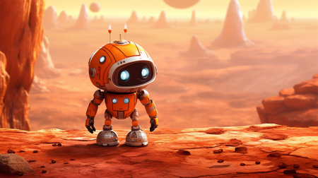 A cute orange robot sitting on a rock with a candle in his mouth. Ai generatedの素材