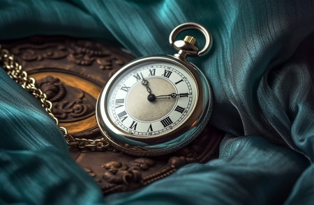 Vintage pocket watch on turquoise fabric, close up. Ai generatedの素材