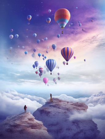 People flying in hot air balloons in the sky. Ai generatedの素材