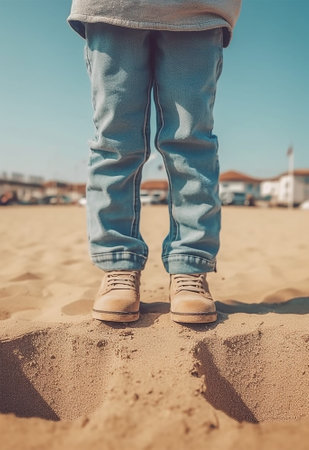 Close-up of a child's legs in jeans and sneakers on the sand. Ai generatedの素材