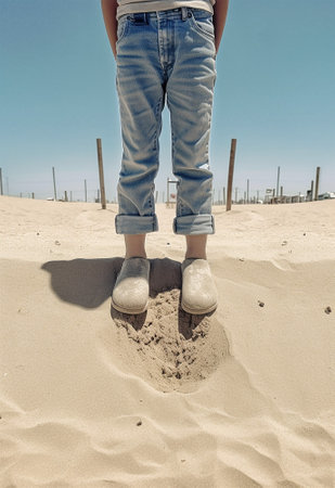 Female legs in jeans and sneakers on the sand in the desert. Ai generatedの素材
