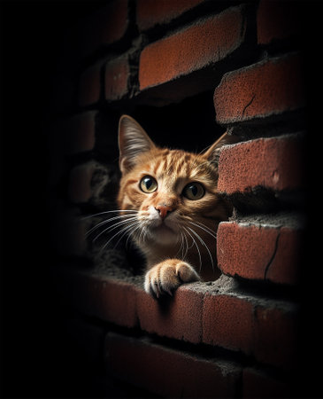 Cute ginger cat peeking out of a hole in a brick wall. Ai generatedの素材