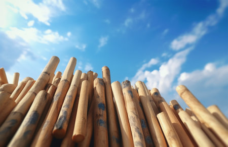 Wooden bamboo sticks on blue sky background, close-up. Ai generatedの素材