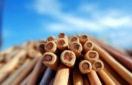 Wooden pencils on blue sky background. Shallow depth of field. Ai generatedの素材