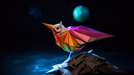 Colorful origami bird made of paper on a dark background. Ai generatedの素材