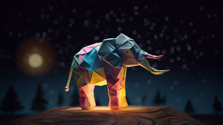 Colorful origami elephant standing on a wooden table. Ai generatedの素材
