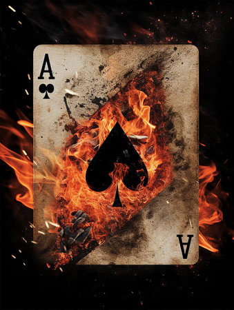 Ace of spades playing cards on a black background with flames. Ai generatedの素材