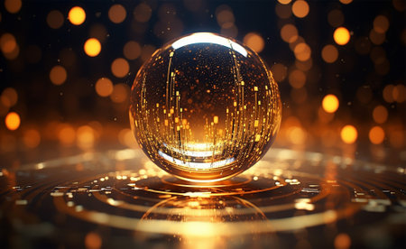 Crystal ball with golden lights in the background. Ai generatedの素材