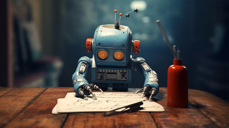 Vintage robot working on blueprints on a wooden table. Ai generatedの素材