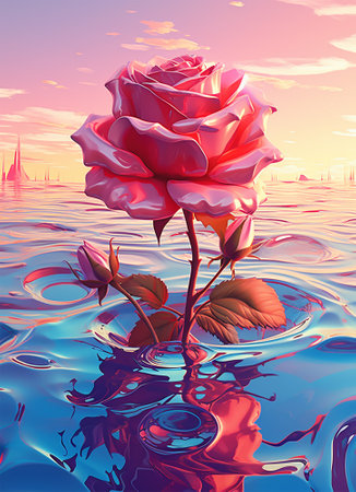 Pink rose on the background of the sea. Ai generatedの素材