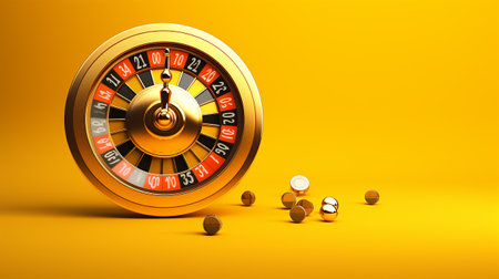 Casino roulette wheel on a yellow background. Ai generatedの素材