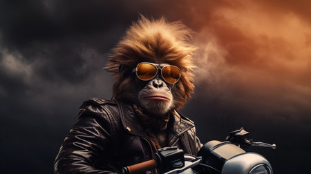 Monkey man in leather jacket and sunglasses sitting on a motorcycle. Ai generatedの素材