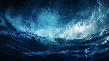 Deep blue ocean with big waves and glowing stars. Ai generatedの素材