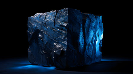 Ice cube with blue light on black background. AI Generatedの素材