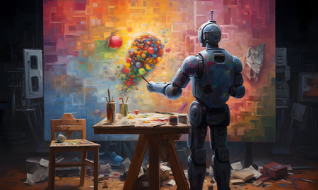 Robot painting on canvas. Artificial intelligence concept.の素材