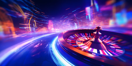 Roulette wheel in motion with city lights on background. Ai generatedの素材