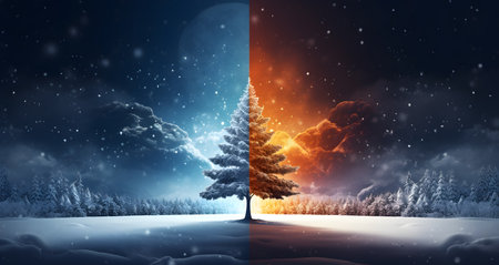 Winter landscape with fir tree and falling snow. Ai generatedの素材