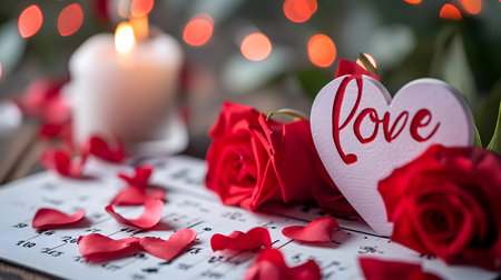 Valentine's day concept. Red roses and candles on the calendar. Ai generatedの素材