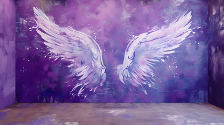 Two angel wings on purple wall background.の素材