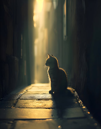 Cute cat on the street in the light of the setting sunの素材