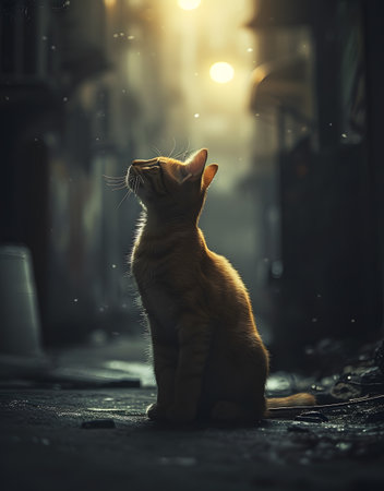 The cat is sitting on the street in the evening. The concept of loneliness and sadness.の素材