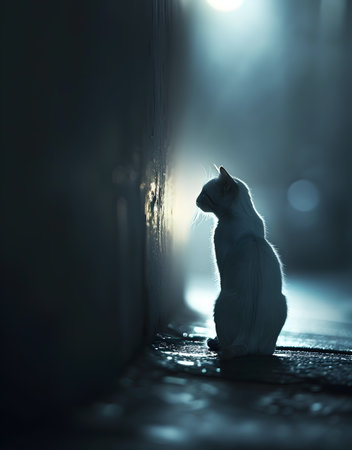 Cute cat sitting on the floor in the rain at night.の素材