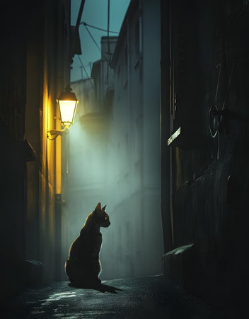 Black cat on the street in a foggy night. 3d renderingの素材