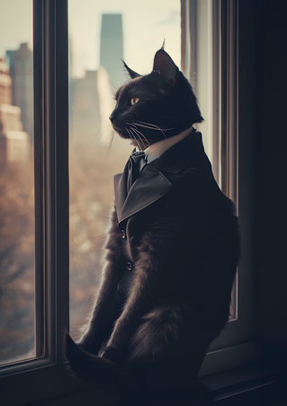 Beautiful black cat in a bow tie sits on the windowsill.の素材