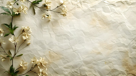 White flowers on crumpled paper background. Flat lay, top viewの素材