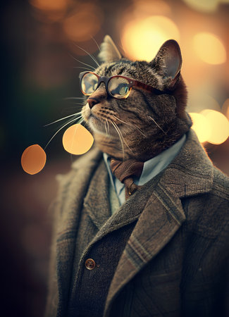 Portrait of a cat in a coat and glasses on a background of bokehの素材